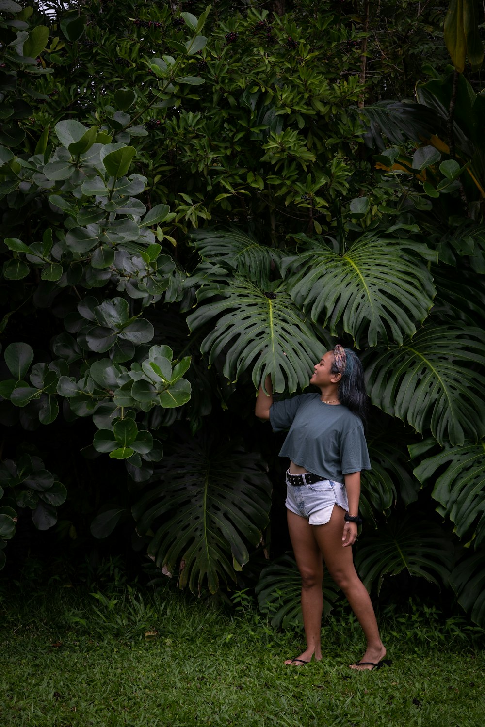 Mujer con camiseta negra de cuello redondo de pie cerca de plantas verdes durante el día