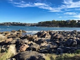 A rocky shoreline opens to a tranquil body of water with gentle waves. In the distance, a coastal community is visible with various buildings nestled along a green, tree-lined hillside under a vibrant blue sky with scattered wispy clouds.