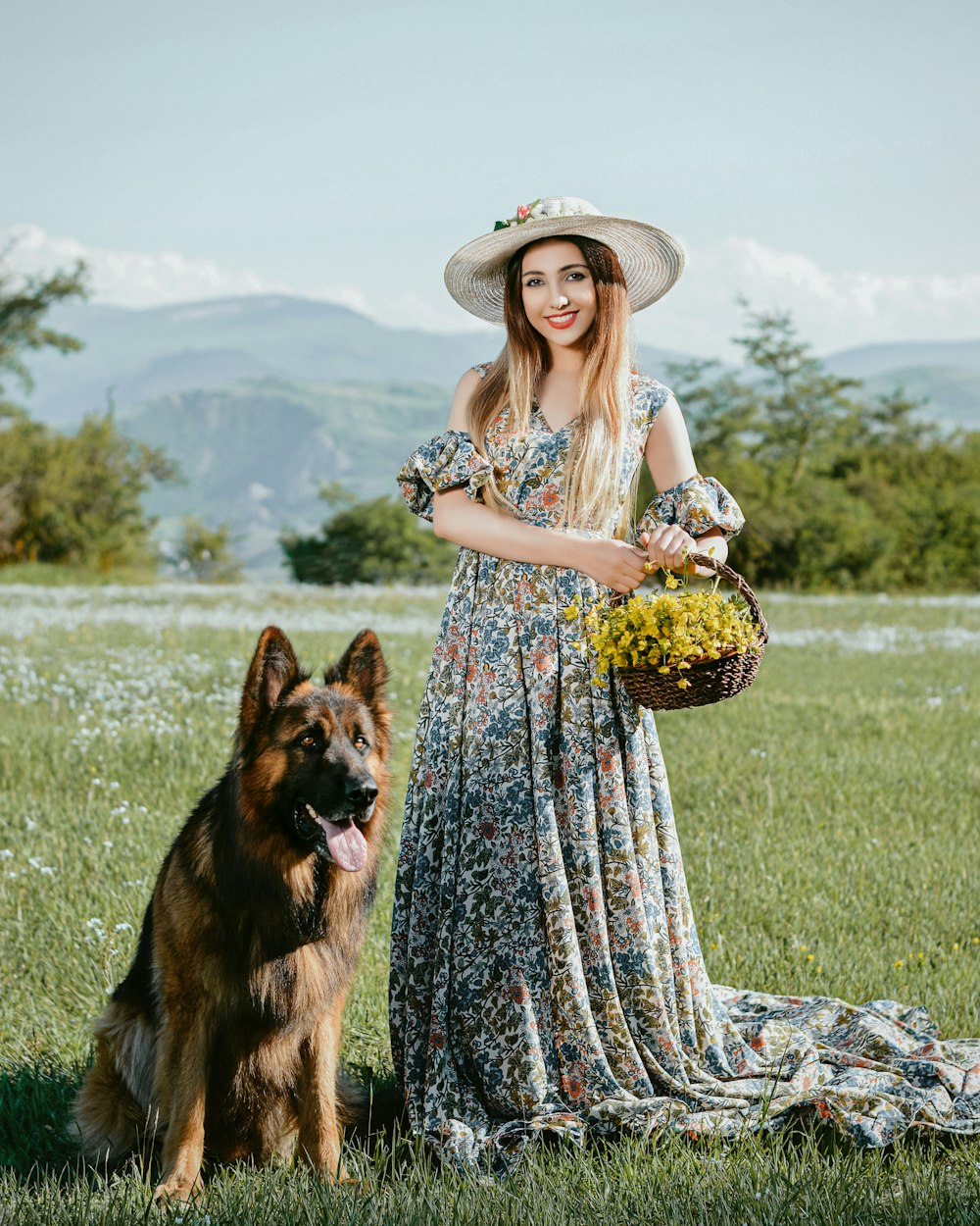 woman in white and black floral dress holding brown woven basket with brown and black german