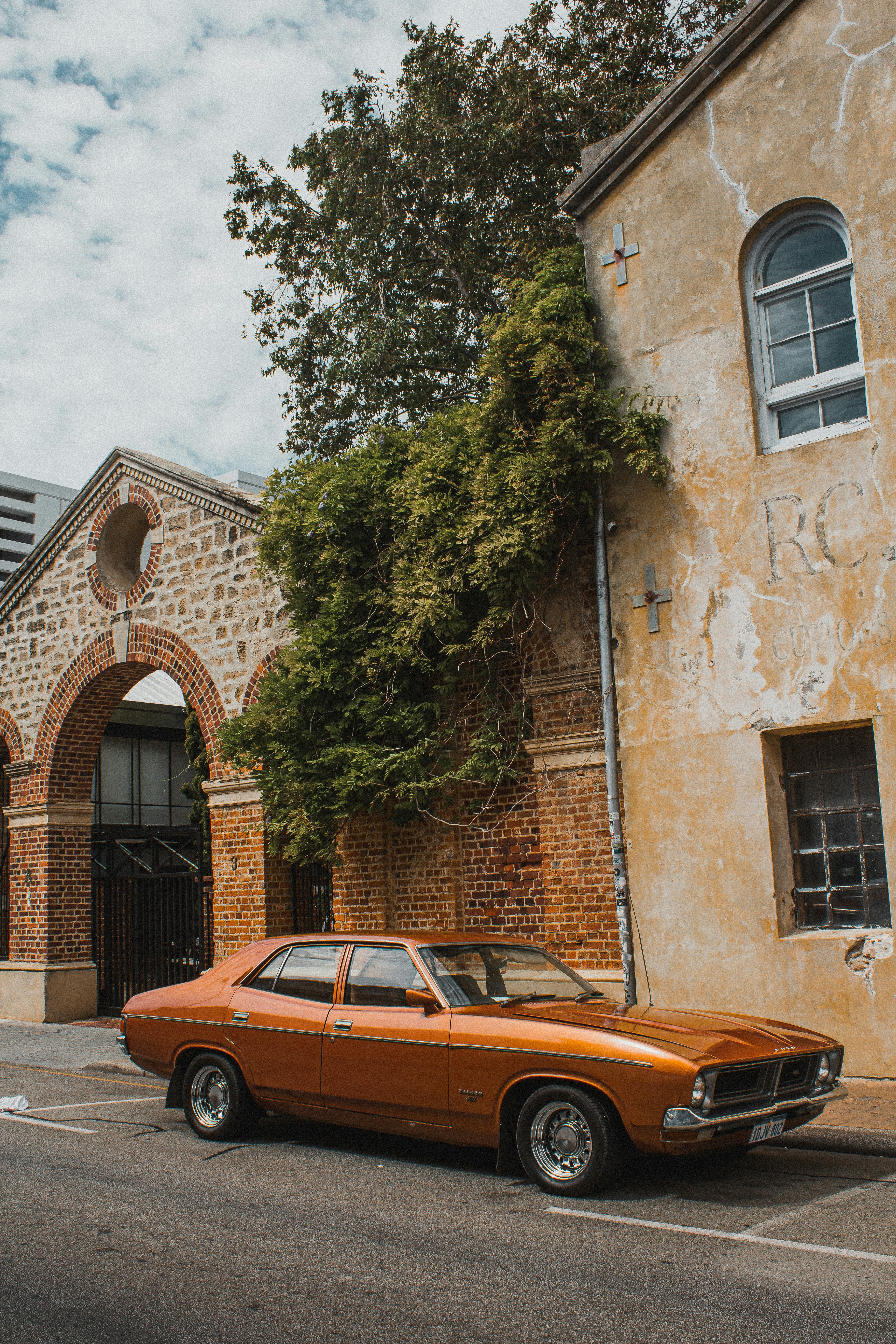 brown sedan parked beside green tree during daytime