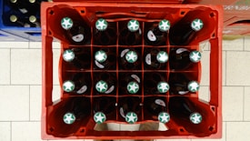 A red plastic crate contains 20 glass bottles, each topped with a metal cap featuring a green star symbol. The layout is viewed from above, showing the bottles neatly arranged in a grid pattern. The floor beneath is tiled in a light color.