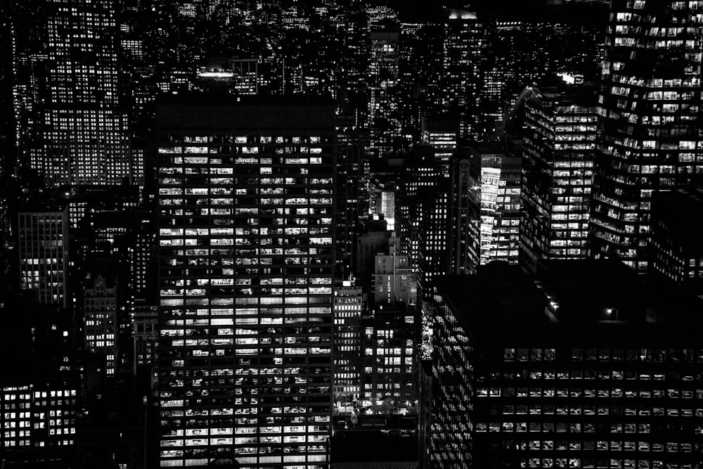 aerial view of city buildings during night time