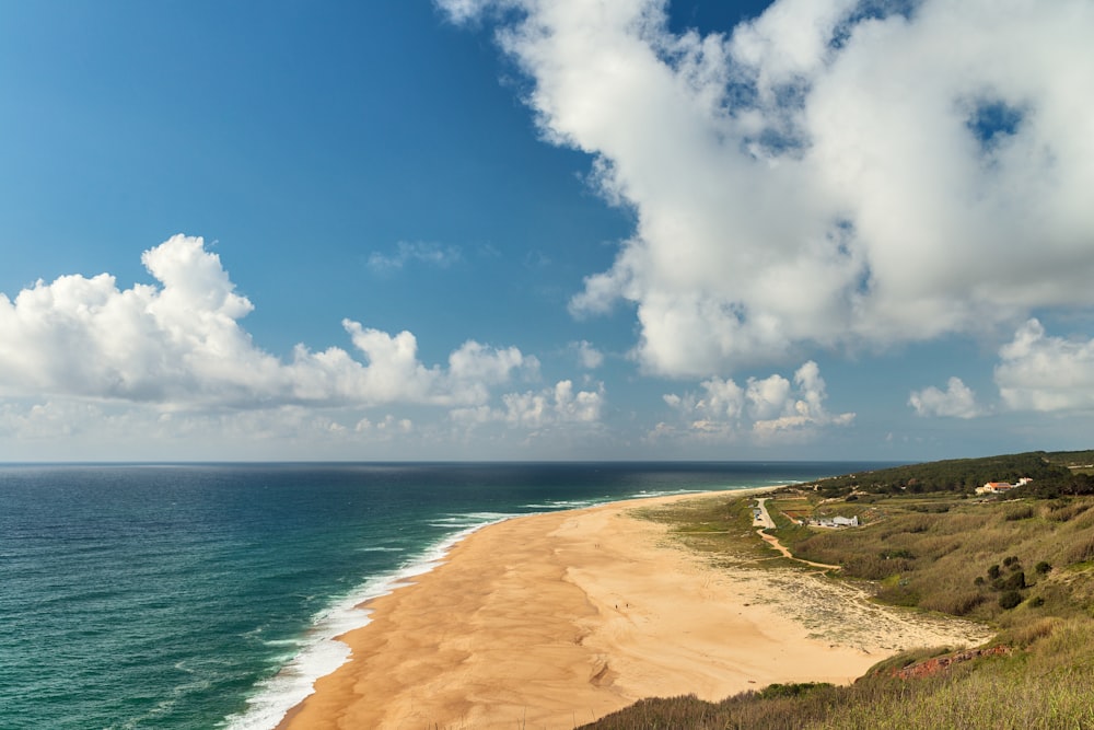 brown sand near body of water under blue sky during daytime