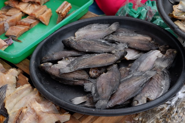A black circular tray is filled with several whole dried fish stacked on top of each other. To the side, a green tray contains various cuts of dried fish displayed in an orderly fashion. The background shows additional dried fish and a hint of colorful materials.