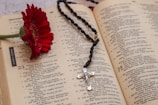 An open Bible lies on the surface with a black rosary placed on its pages. The rosary has a silver crucifix. A red flower, possibly a gerbera daisy, is positioned on the left side of the Bible's pages.