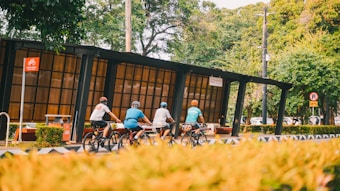 Four cyclists ride along a designated bike pathway next to a modern bus stop shelter. The area is surrounded by lush green trees and bushes, creating a natural and serene environment. There are traffic signs indicating rules for both cyclists and vehicles.