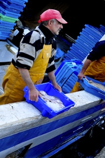 A person wearing a red cap, yellow overalls, and a striped sweater is handling a blue plastic crate filled with fish and ice. Nearby, there are multiple stacked blue crates, some labeled with text. Another person, partially visible, is also handling a crate.