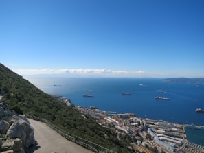 A panoramic view of a port with ships and containers under a clear blue sky.