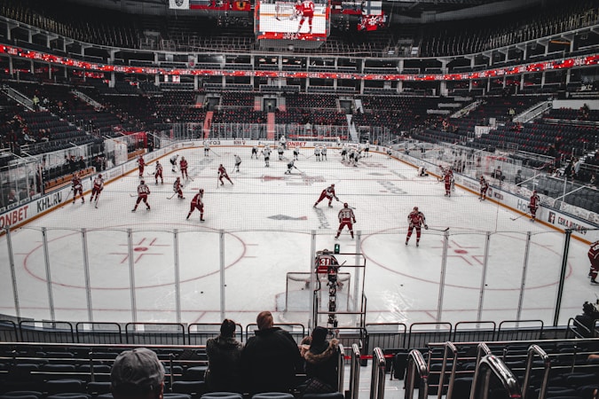 Hockey players skating during a game on an indoor ice rink, the kind of year-round play the northwest Las Vegas arena would host