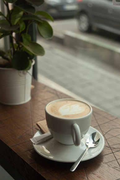 latte on a window sill at a cafe