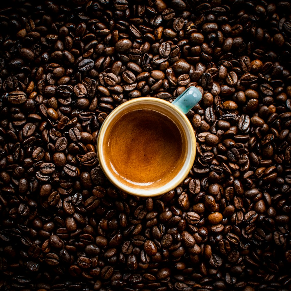 blue ceramic mug on coffee beans