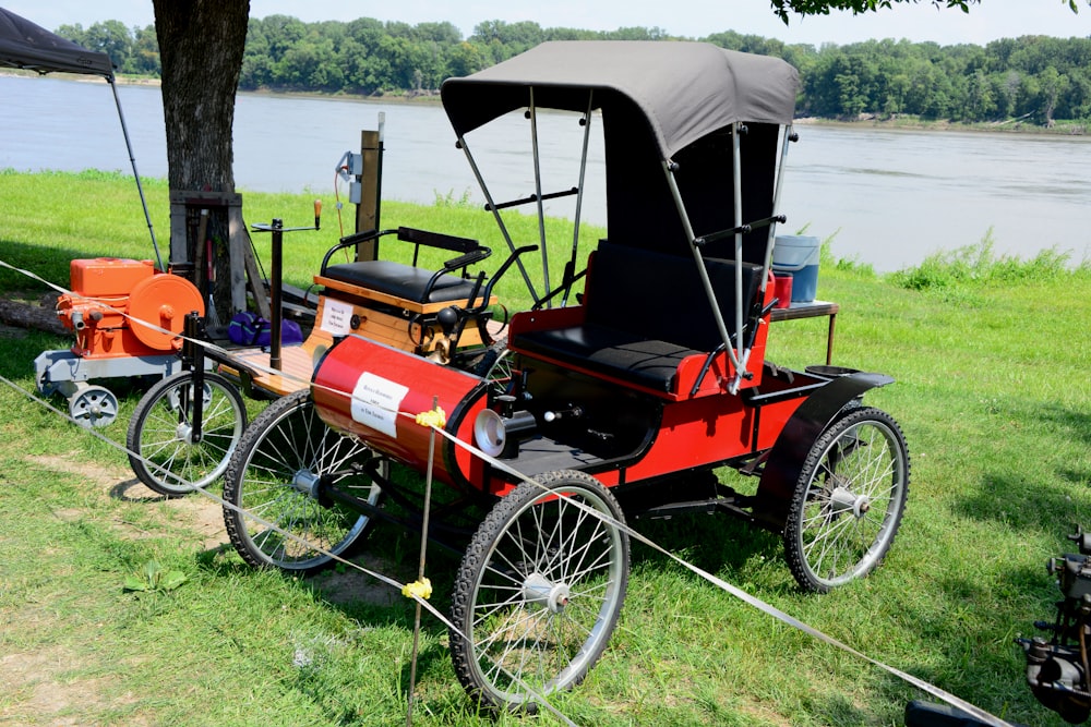 red and black vintage car on green grass field near body of water during daytime