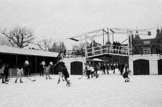 A group of people are playing hockey on an outdoor ice rink surrounded by trees and buildings. Some spectators are observing from a raised platform, and others are nearby, possibly enjoying the activity or waiting to join.