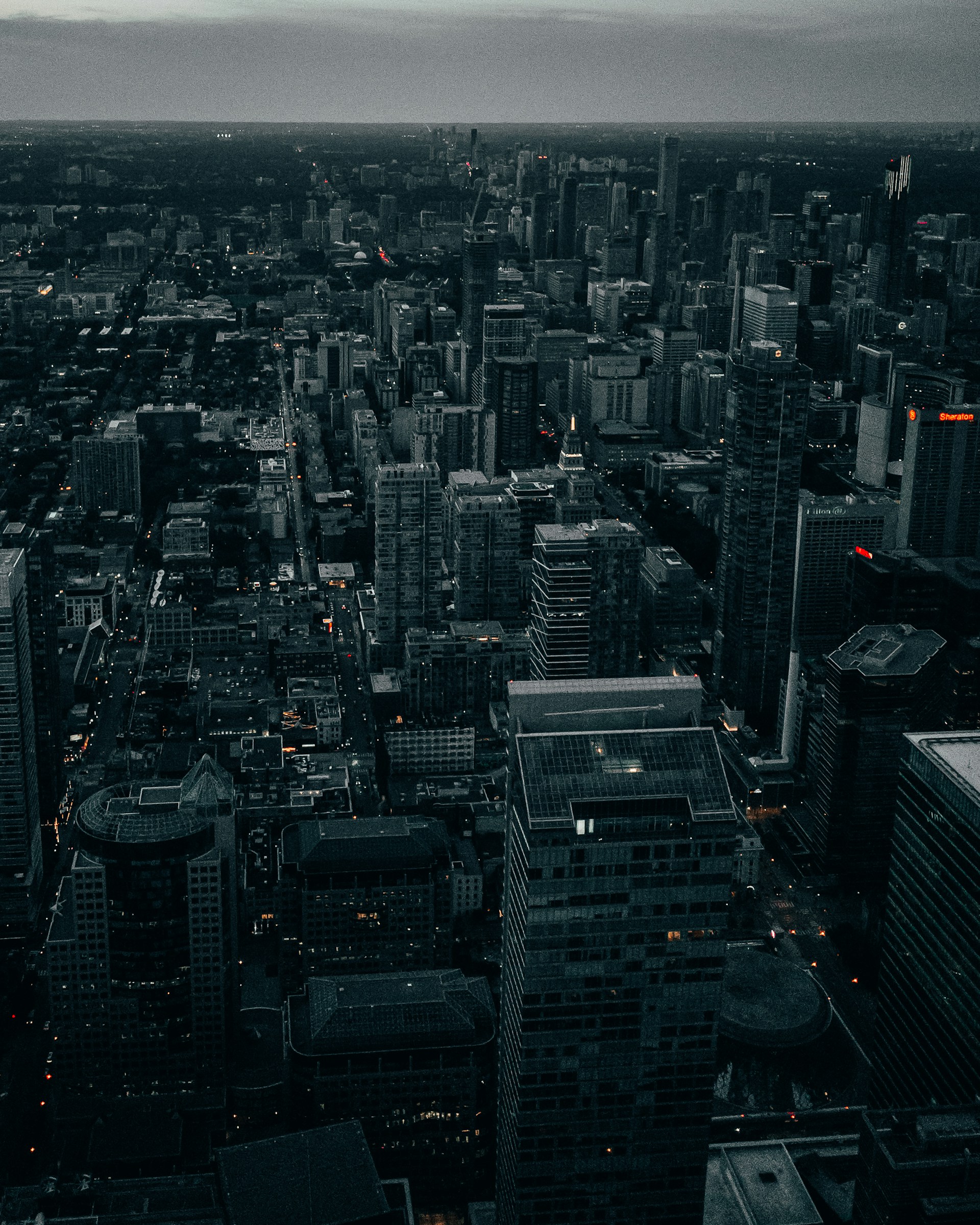 aerial view of city buildings during night time