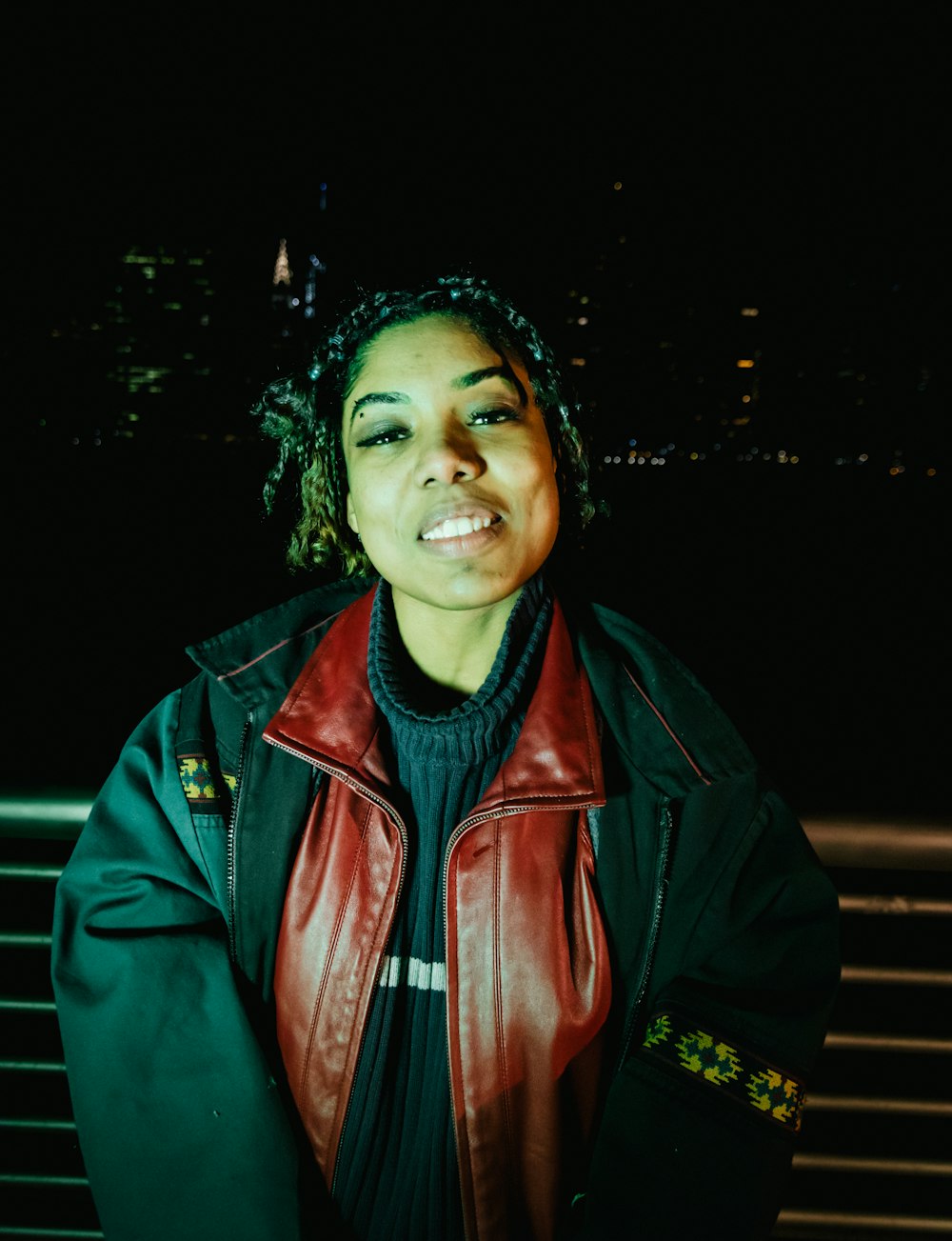 woman in black leather jacket