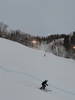 Skiers racing down a snowy mountain slope during the Back to Back Invitational event