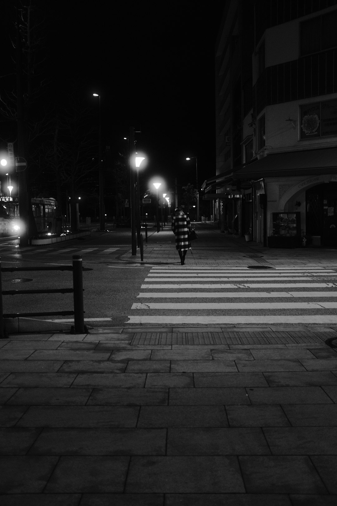grayscale photo of people walking on sidewalk during night time