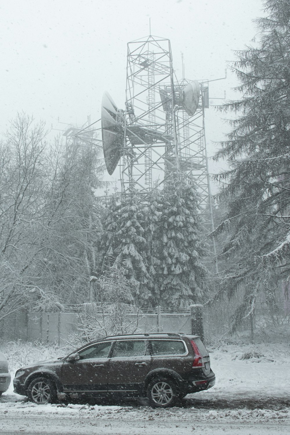 red car on road near trees covered with snow during daytime