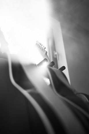 An artistic shot of William's guitar collection.