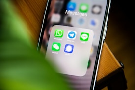 A smartphone screen displaying a folder labeled 'Messages' containing messaging application icons such as WhatsApp, Telegram, Line, WeChat, and Signal. A blurred green plant is visible in the foreground, partially covering the view.