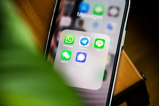 A smartphone screen displaying a folder labeled 'Messages' containing messaging application icons such as WhatsApp, Telegram, Line, WeChat, and Signal. A blurred green plant is visible in the foreground, partially covering the view.