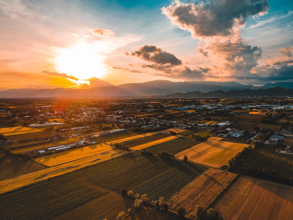 aerial view of city during sunset