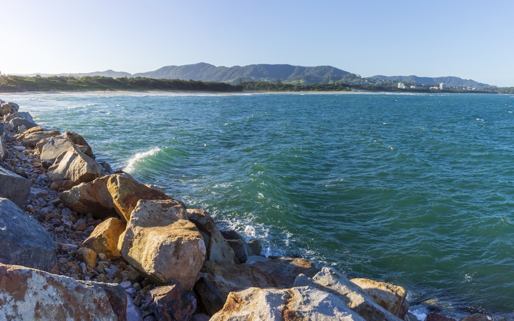 brown rocky shore with green sea water in the distance