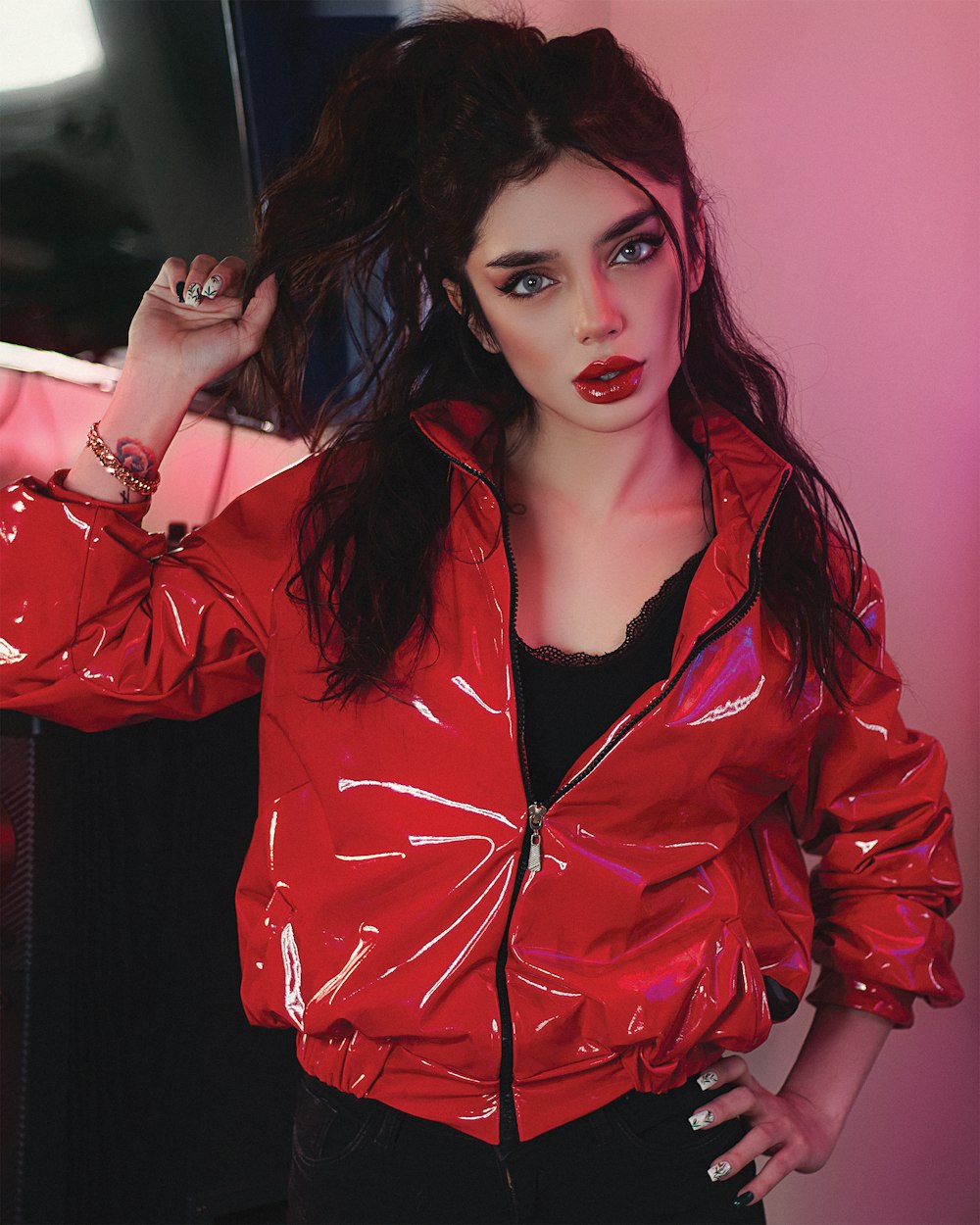 woman in red leather jacket