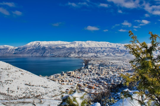 aerial view of city near body of water during daytime in Pogradec Albania