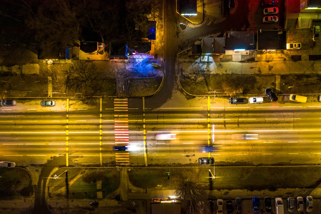 aerial view of city street during night time