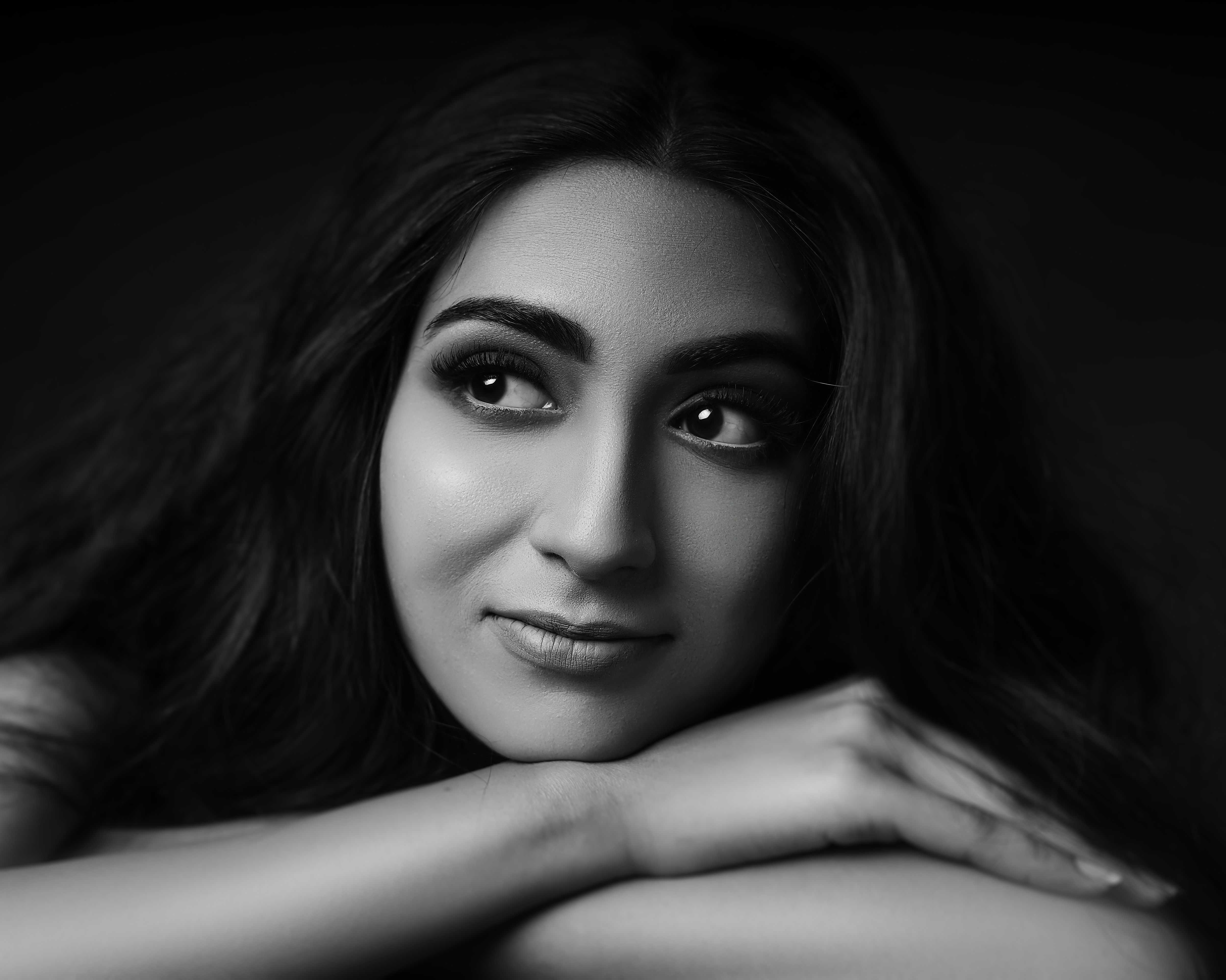 grayscale photo of woman with black hair