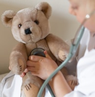 person holding brown bear plush toy