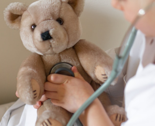 person holding brown bear plush toy