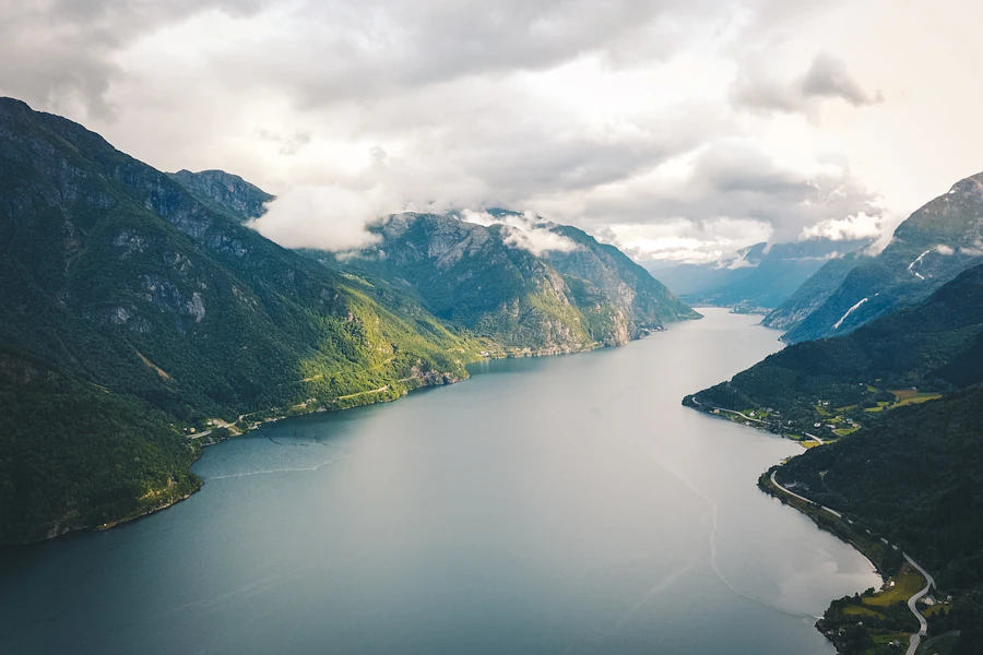 Snow-capped mountains beside a fjord