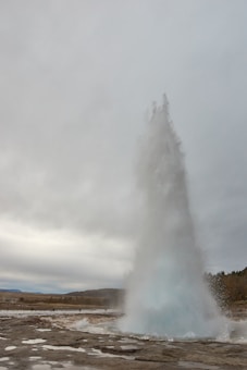 A geyser is erupting in an open landscape, sending a column of water and steam high into the overcast sky. Surrounding the geyser is a rocky terrain and sparse vegetation in the distance, under a cloudy and grey sky.