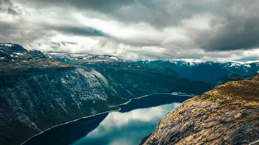 aerial view of lake between mountains under cloudy sky during daytime