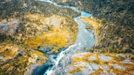 An aerial view of a lush, green landscape with a winding river cutting through the terrain. The river is surrounded by dense forests and rocky outcrops, with a waterfall visible near the center of the image. The landscape is a mix of yellow and green hues, showing a vibrant natural setting.