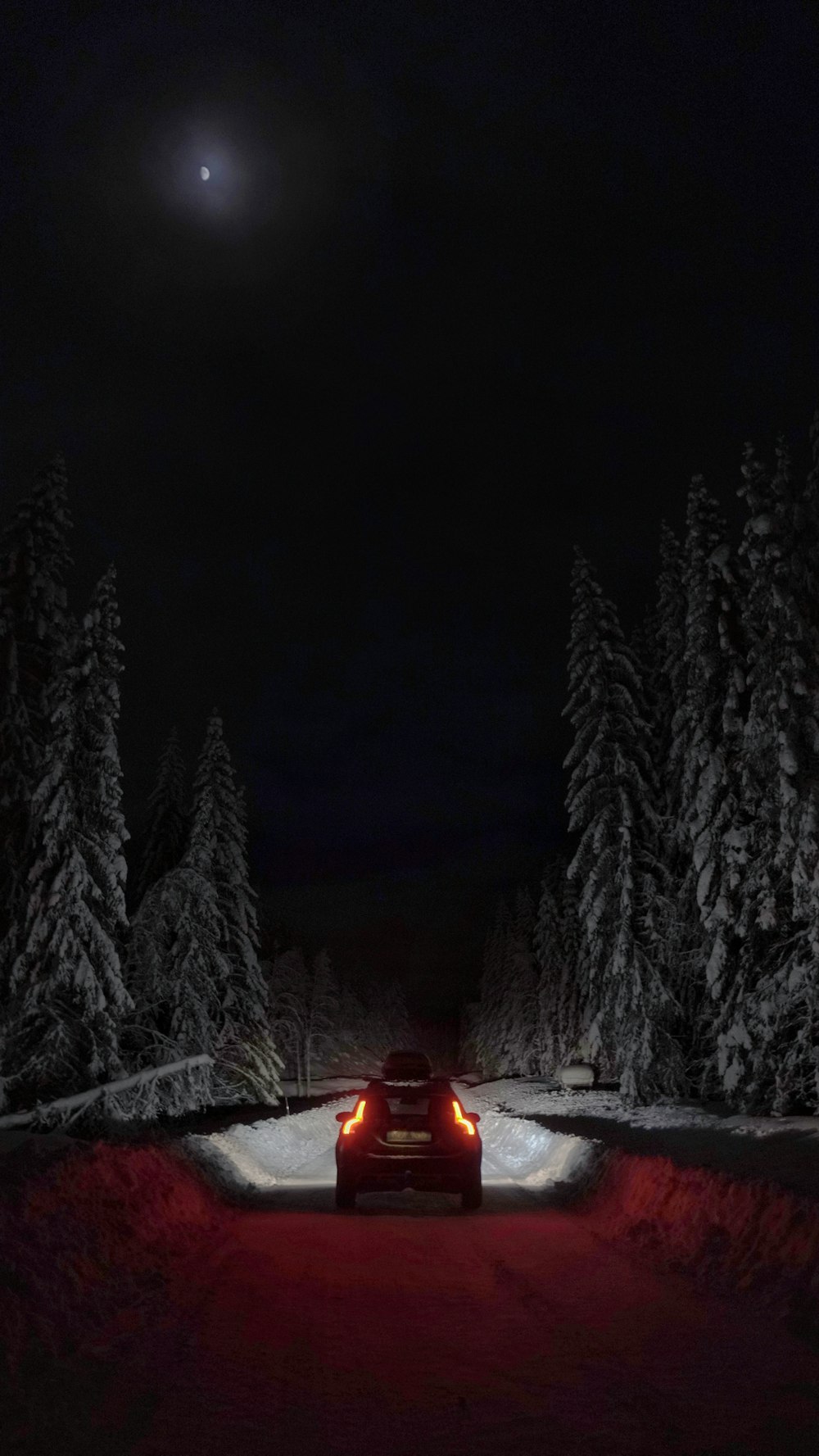 Persona in giacca rossa che si siede su un terreno coperto di neve durante la notte