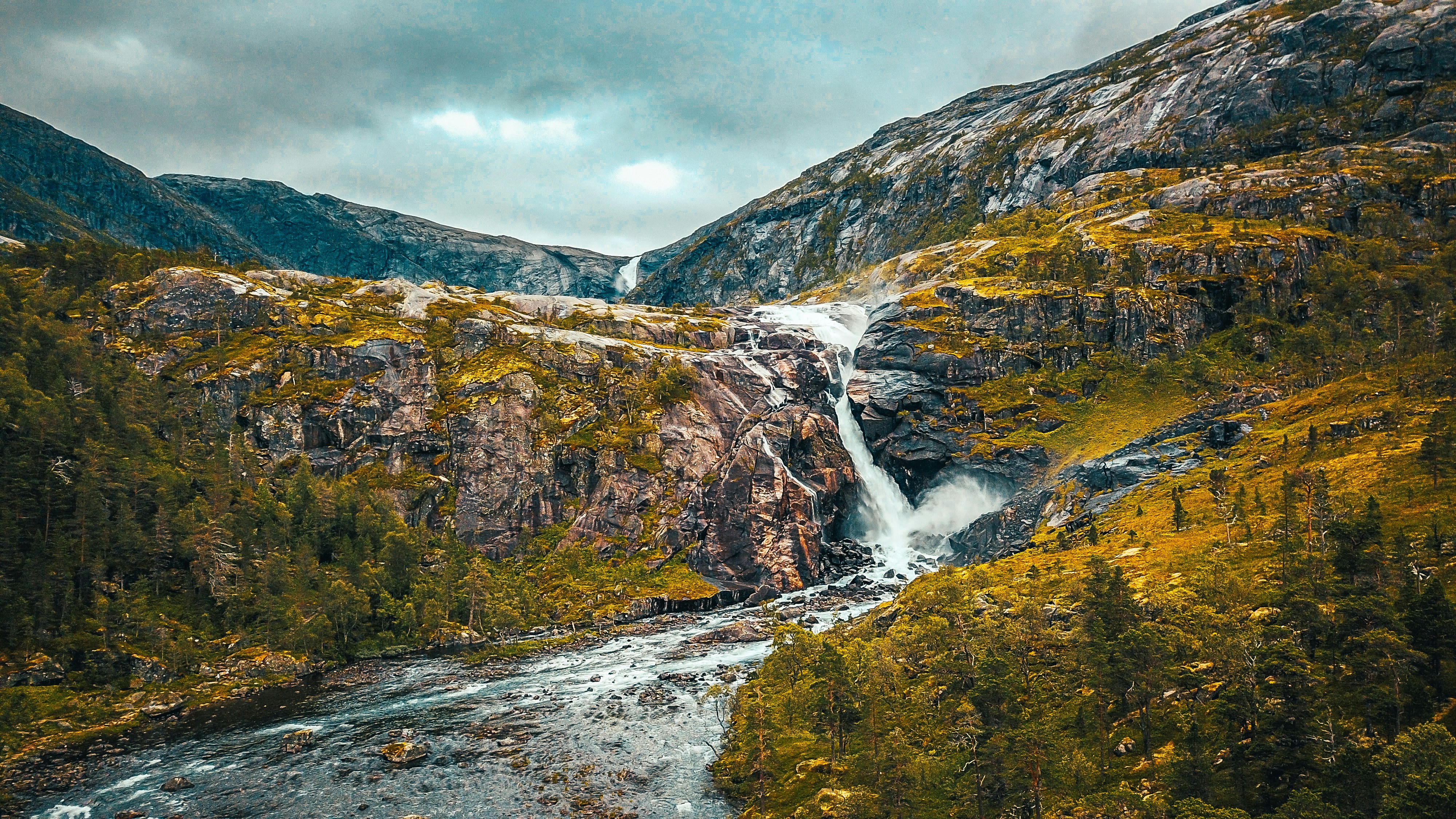 Norwegian hills with a natural spring running through the middle and fir trees surrounding 