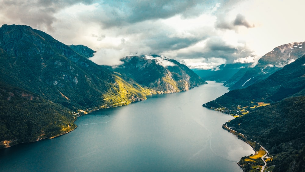 aerial view of mountains and lake