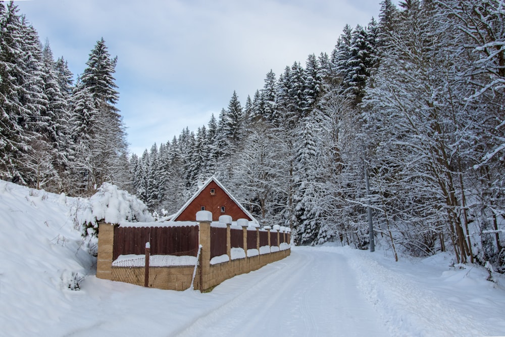 brown wooden house on snow covered ground