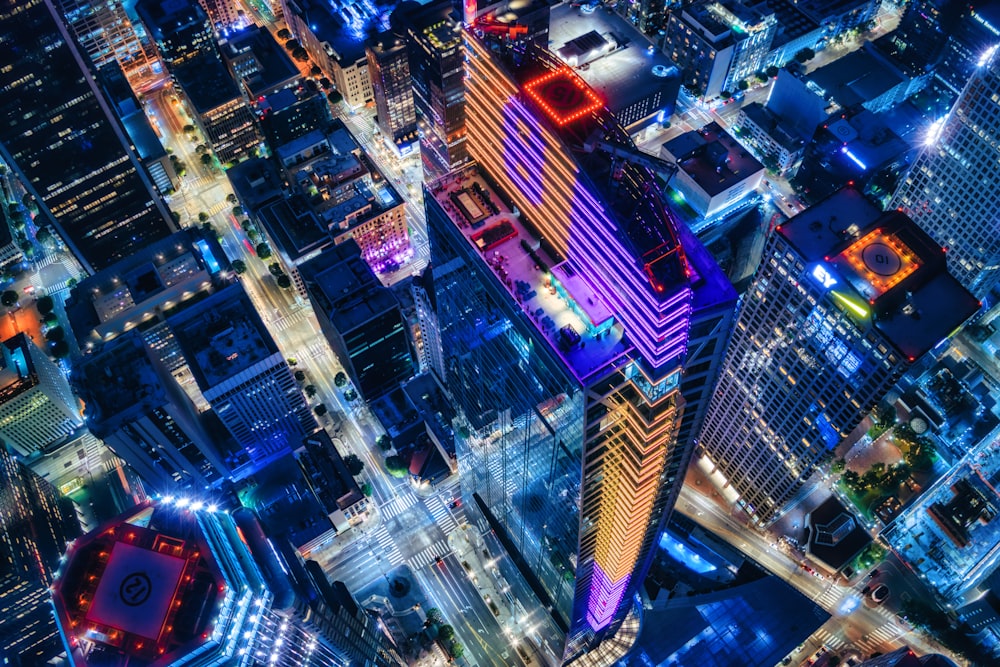 aerial view of city buildings during night time