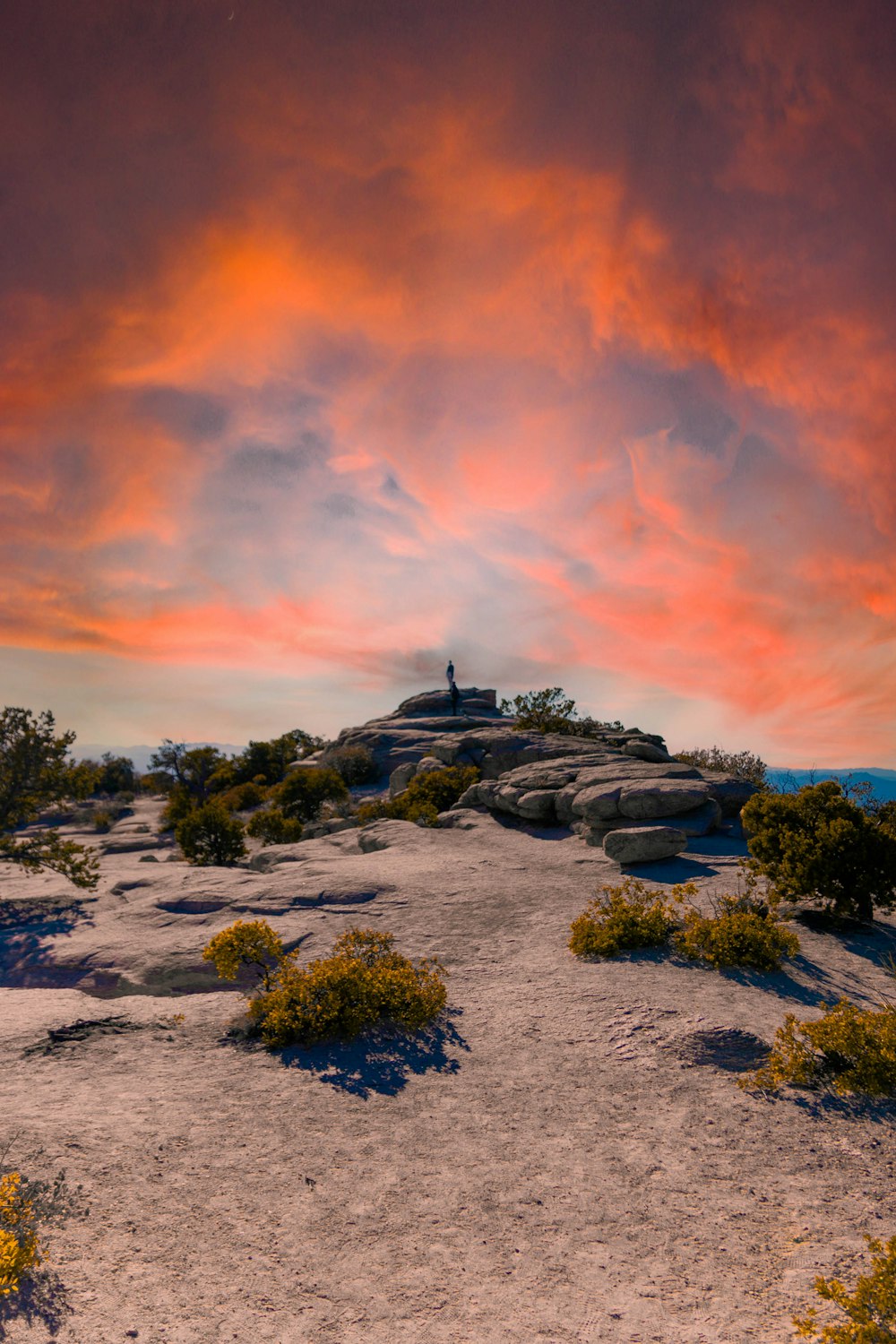 a red and pink sky over a small island