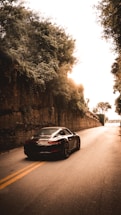 A sleek sports car racing down a winding road at sunset.