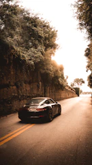 A sleek sports car speeding down a coastal road at sunset.