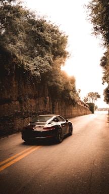 A sleek sports car racing down a winding road at sunset.