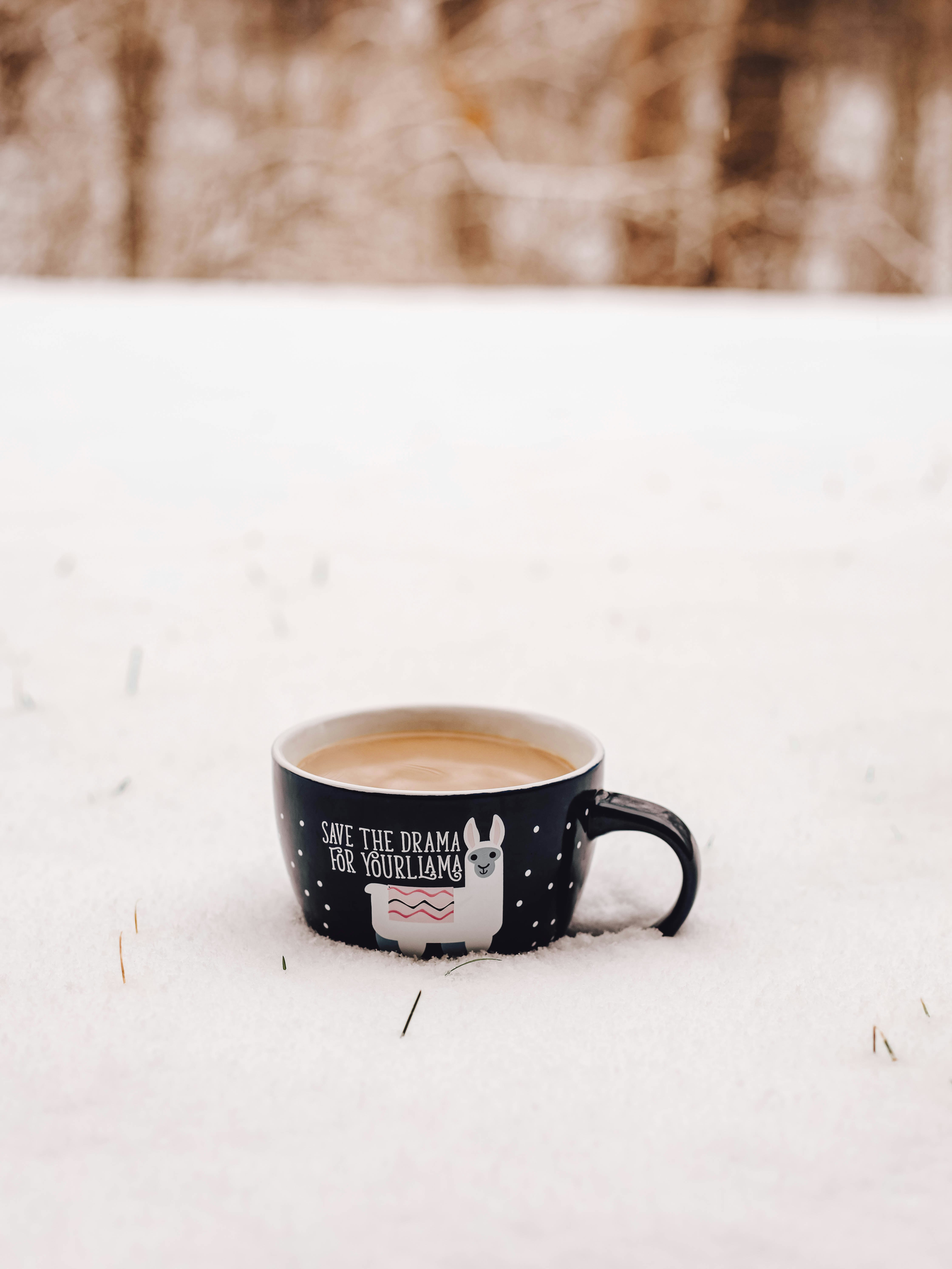 white and black ceramic mug on snow covered ground