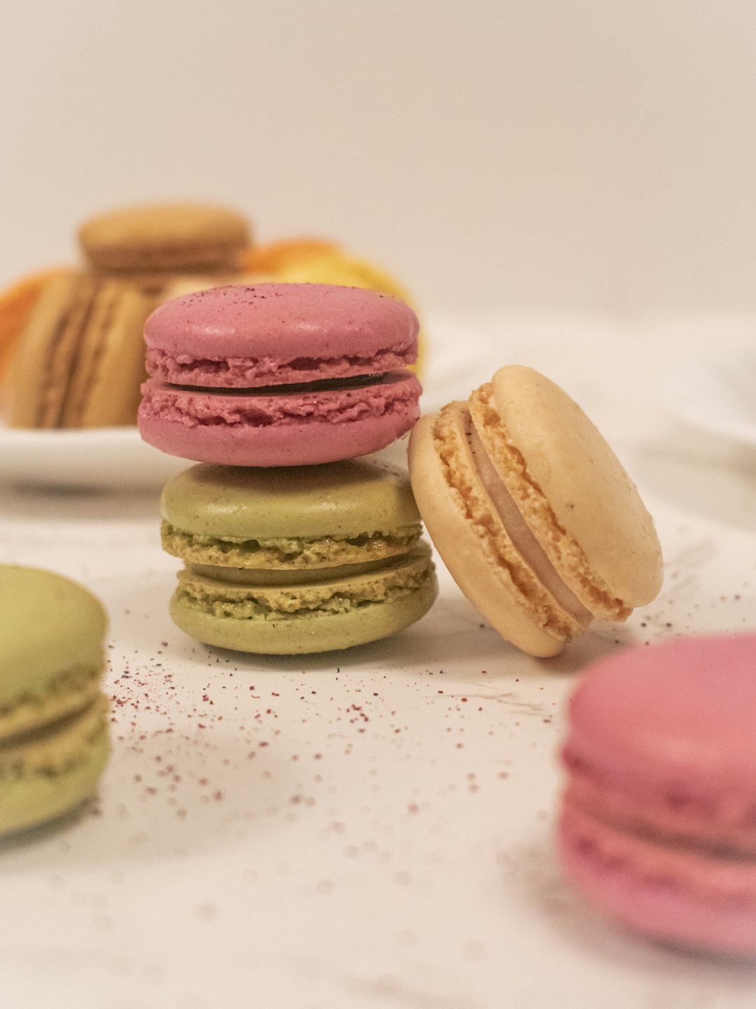 pink yellow and brown macaroons