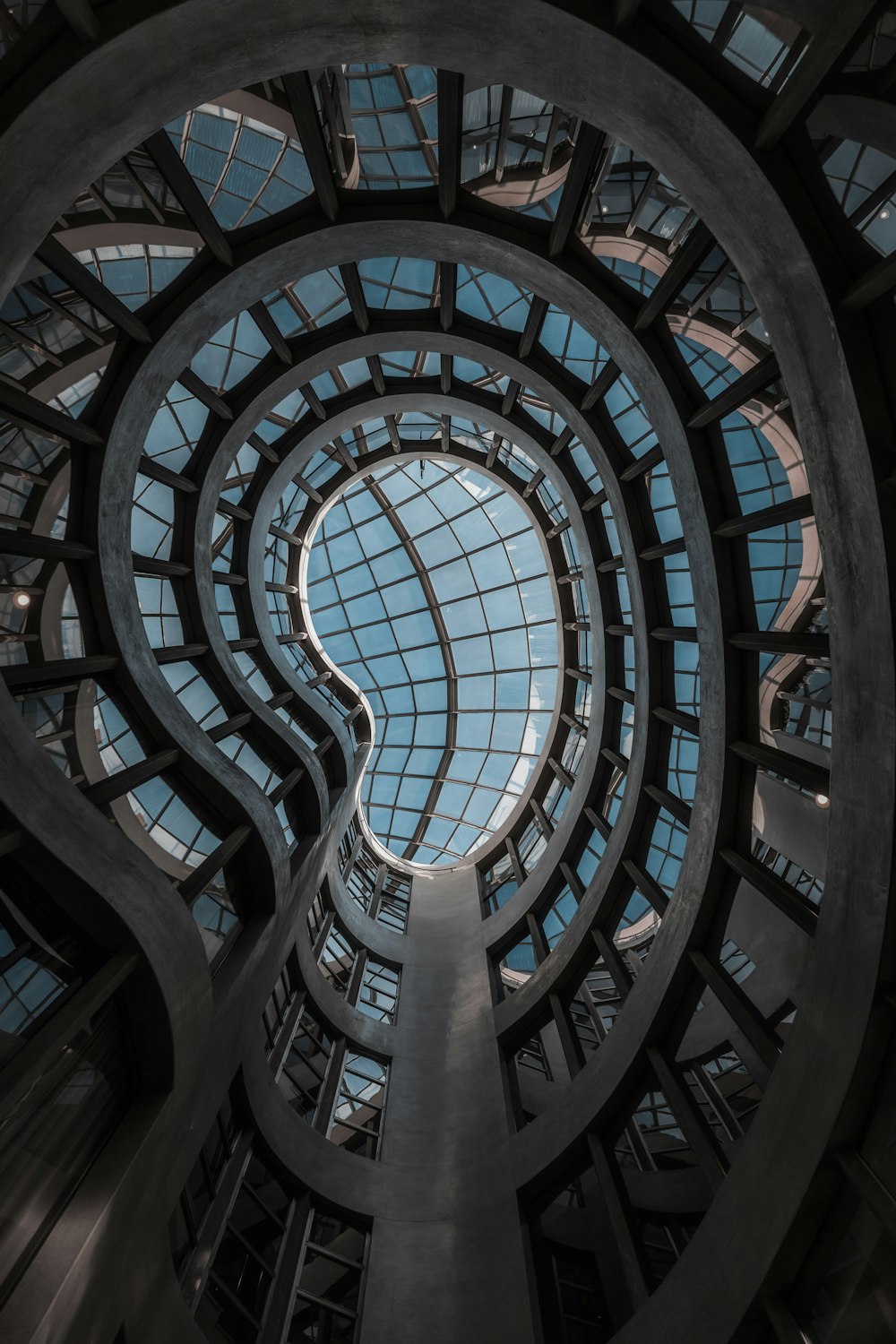 blue and brown spiral staircase