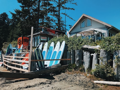 A coastal scene with a rustic shop surrounded by surfboards placed against a wooden fence. The shop, adorned with signs including a 'CLOSED' sign, sits next to a house with a high roof. Tall trees and greenery frame the setting, emphasizing a natural, serene environment.